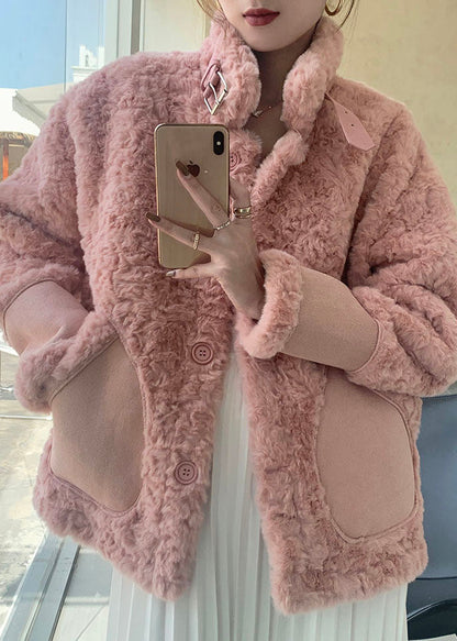 Pink Stand Collar Pockets Faux Fur Winter Coats