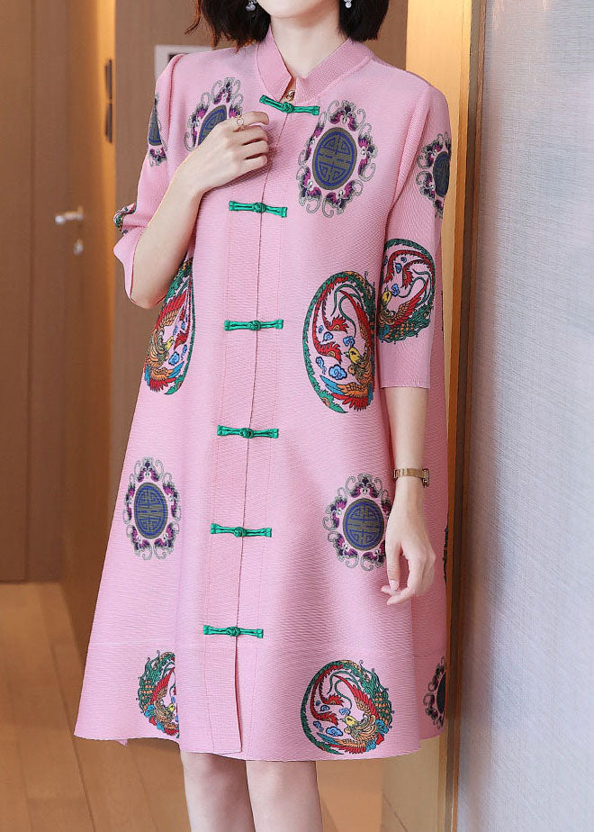 Pink Stand Collar Print Chiffon a Line Dress Half Sleeve