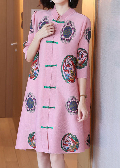 Pink Stand Collar Print Chiffon a Line Dress Half Sleeve