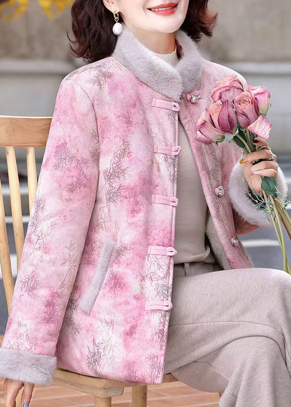 Pink Stand Collar Print Patchwork Warm Fleece Parkas Winter