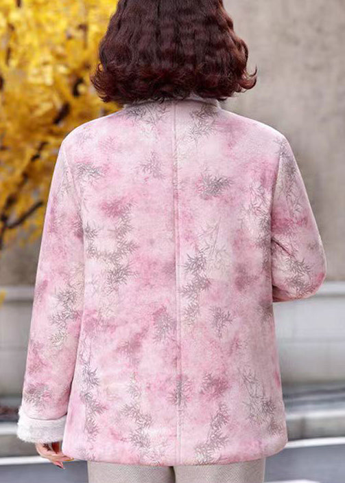 Pink Stand Collar Print Patchwork Warm Fleece Parkas Winter