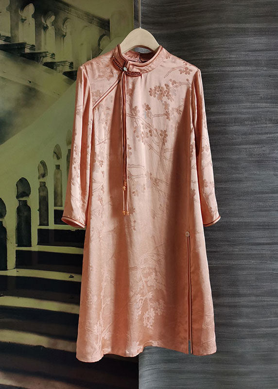 Pink Stand Collar Tasseled Patchwork Jacquard Silk Mid Dress Summer