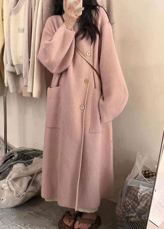 Pink Turtleneck Button Pockets Cotton Knit Long Coats Long Sleeve