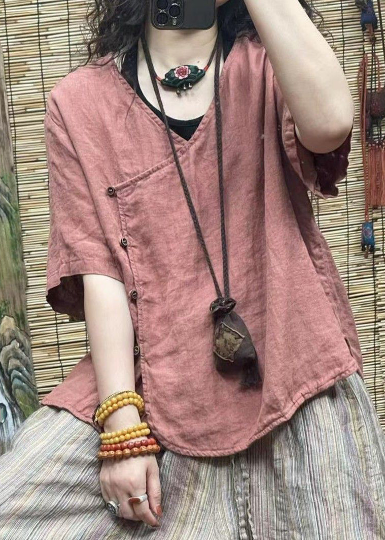 Pink V Neck Button Cotton Shirt Summer