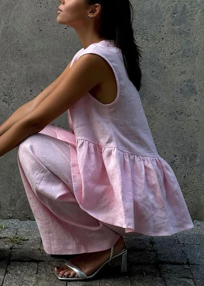 Pink V Neck Button Waistcoat and Pants Cotton Two Piece Set Sleeveless