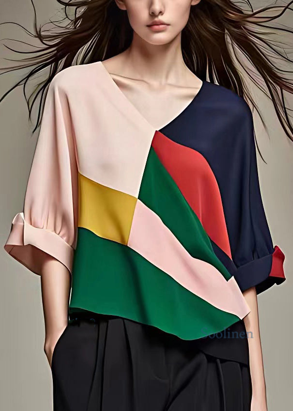 Pink V Neck Chiffon Tops Half Sleeve