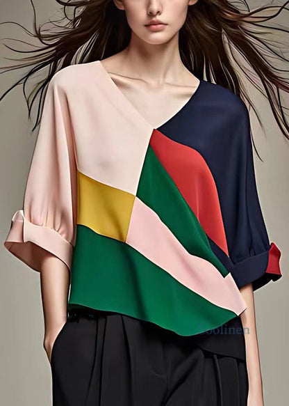Pink V Neck Chiffon Tops Half Sleeve