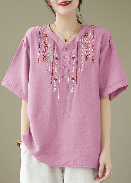 Pink V Neck Embroideried Cotton Tops Summer
