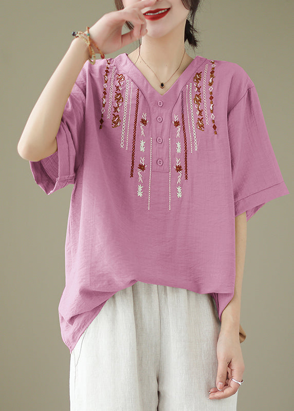 Pink V Neck Embroideried Cotton Tops Summer