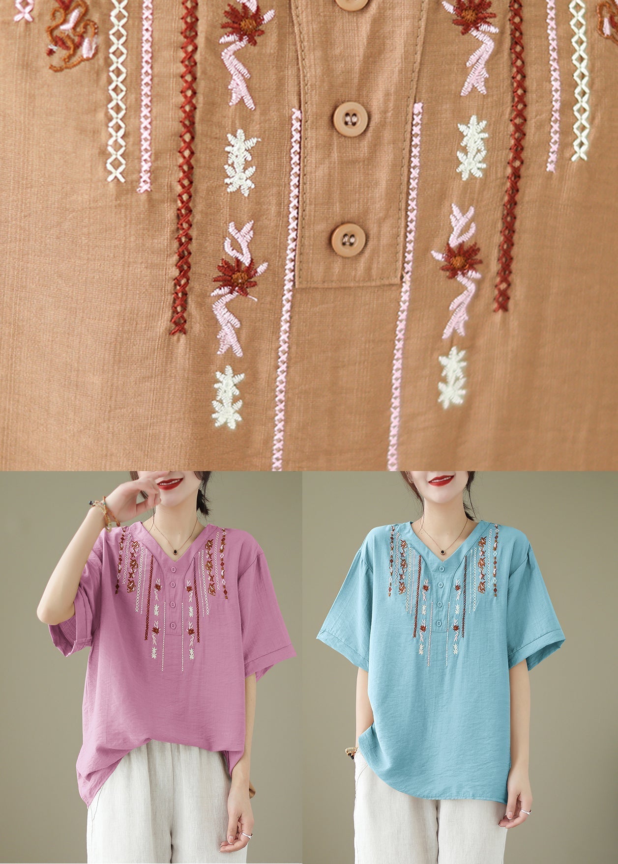 Pink V Neck Embroideried Cotton Tops Summer