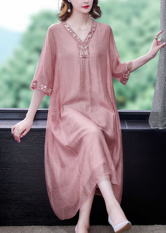 Pink V Neck Embroideried Cotton Vacation Dresses Summer