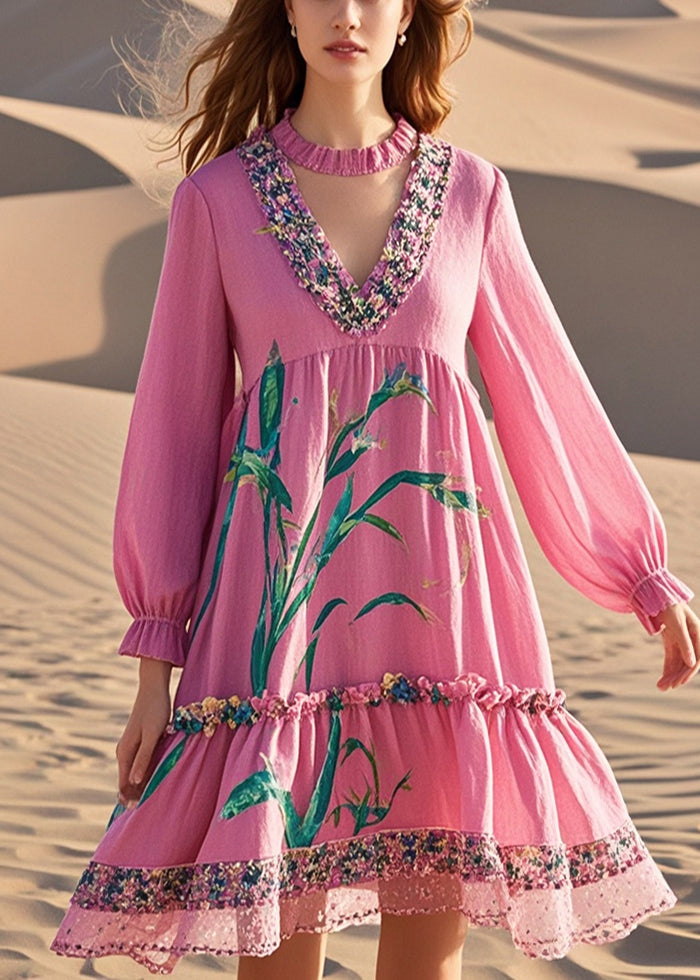 Pink V Neck Patchwork Print Cotton Day Dress Spring