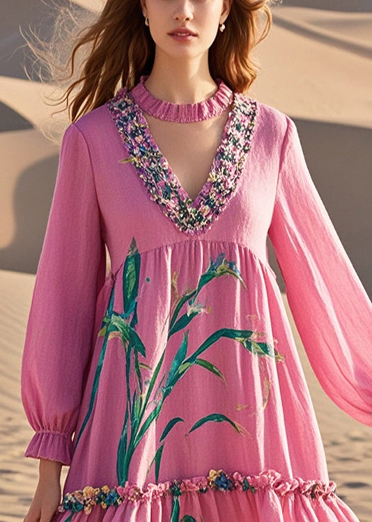 Pink V Neck Patchwork Print Cotton Day Dress Spring