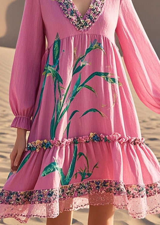 Pink V Neck Patchwork Print Cotton Day Dress Spring