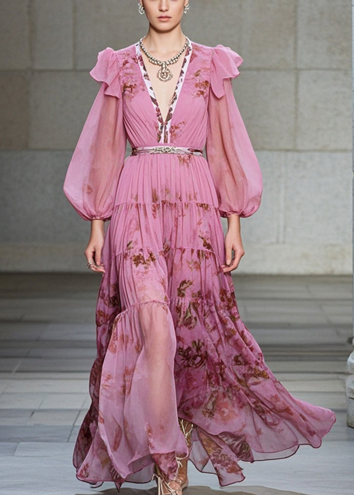 Pink V Neck Print Exra Large Hem Chiffon Party Dresses Fall