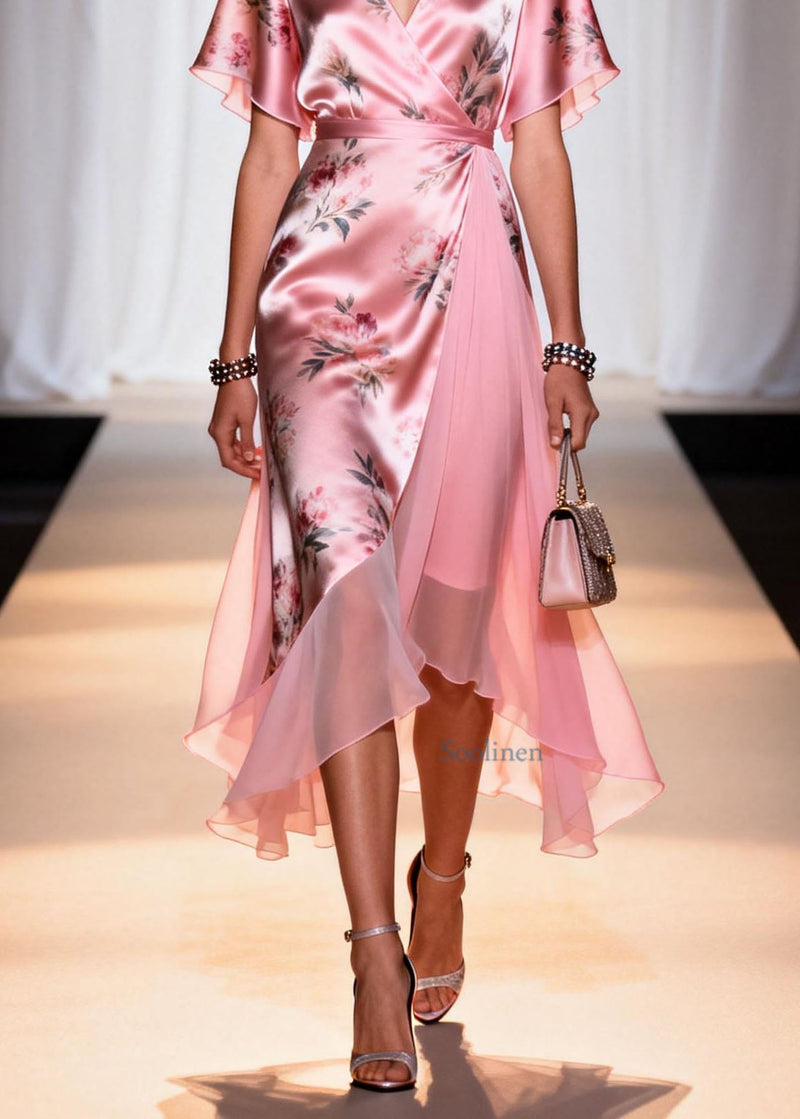 Pink V Neck Print Patchwork Silk Dresses Summer