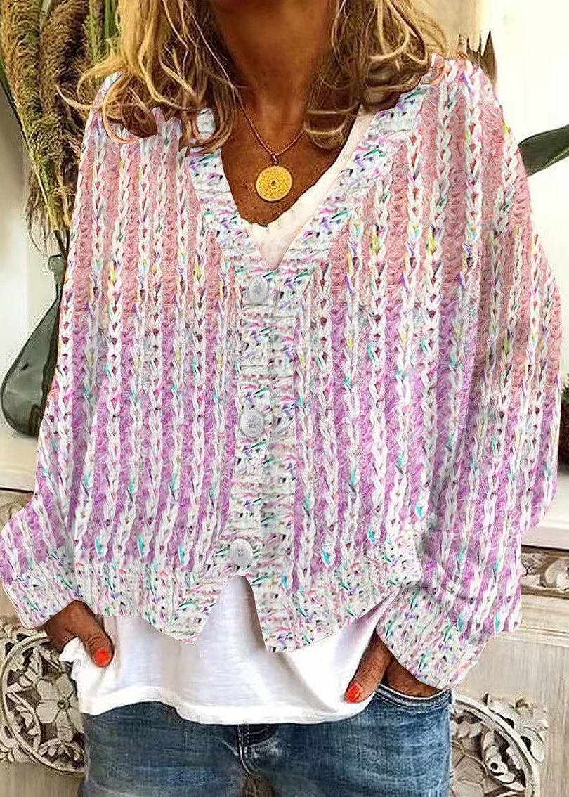 Pink V Neck Striped Cozy Knit Cardigan Spring