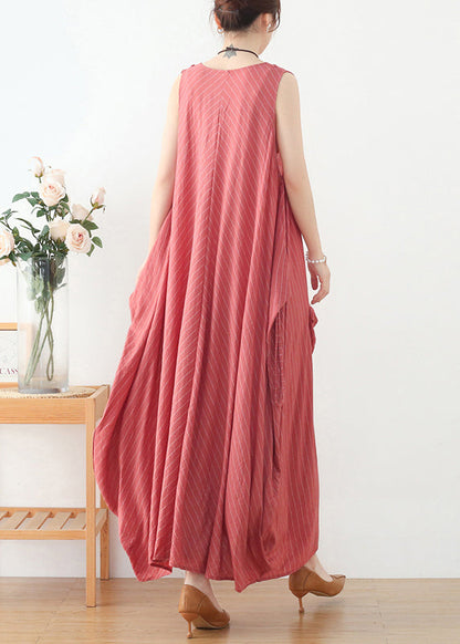 Pink V Neck Striped Pockets Linen Vacation Dresses Sleeveless