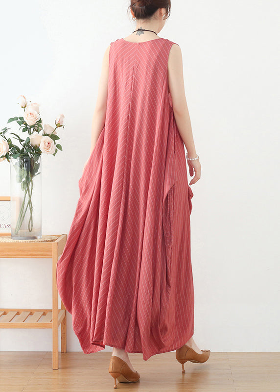 Pink V Neck Striped Pockets Linen Vacation Dresses Sleeveless