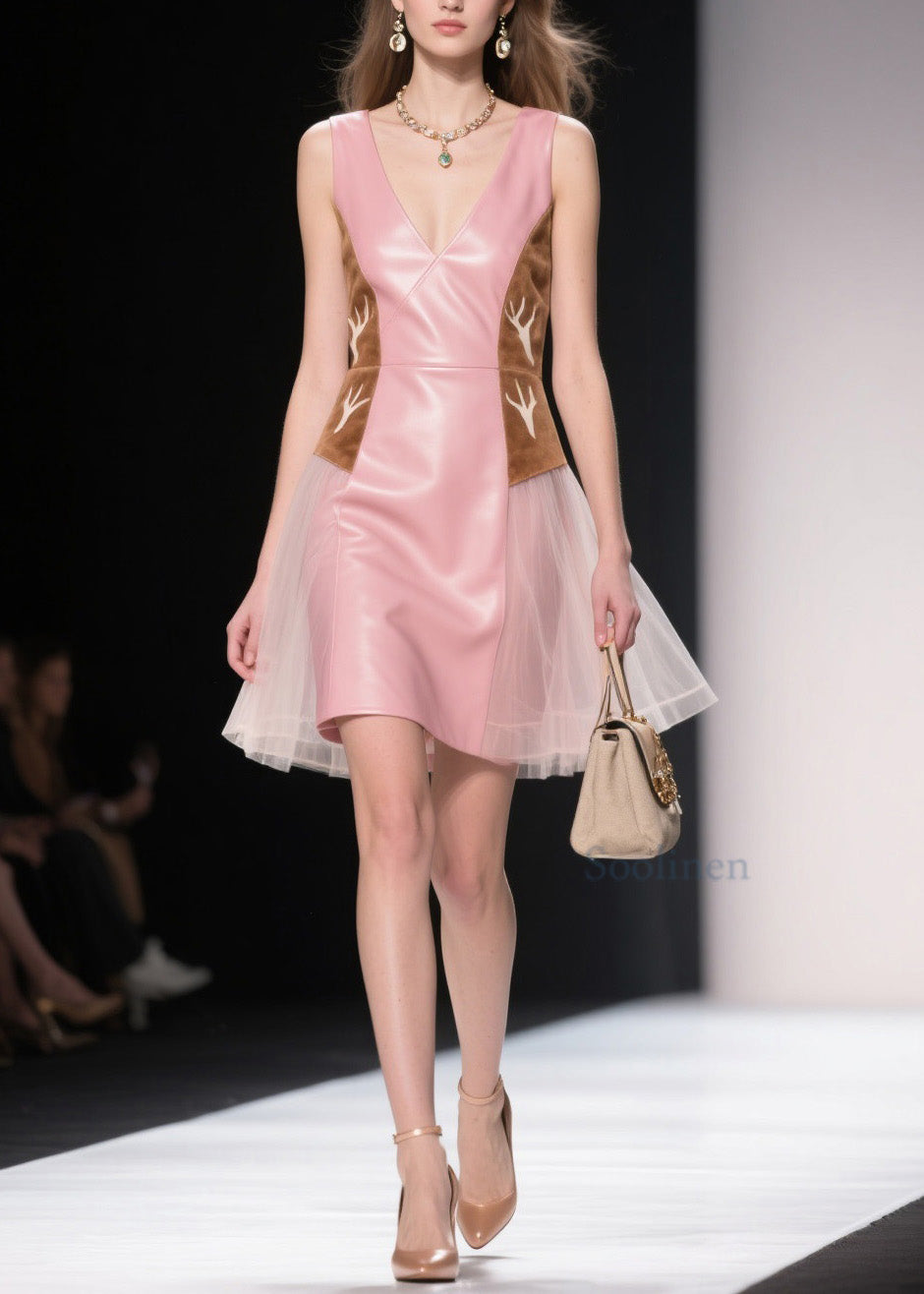 Pink V Neck Tulle Patchwork Faux Leather Dresses Summer