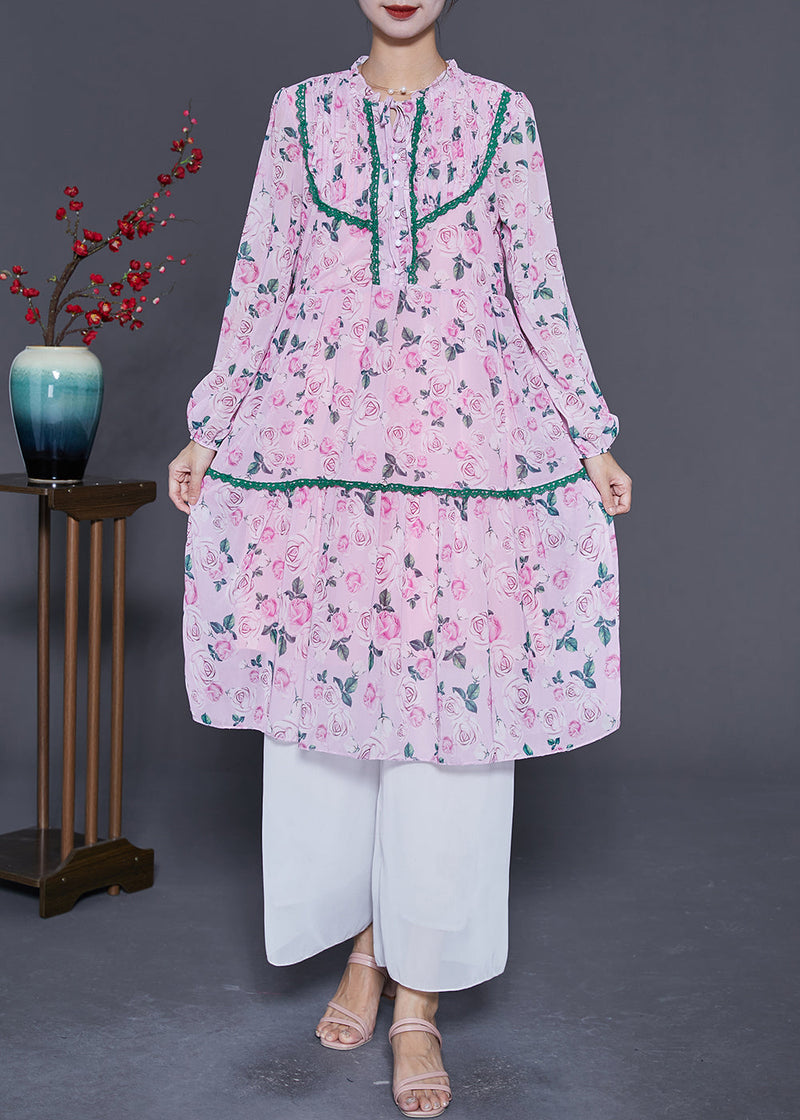 Pink Wrinkled Patchwork Print Chiffon Beach Dress Summer