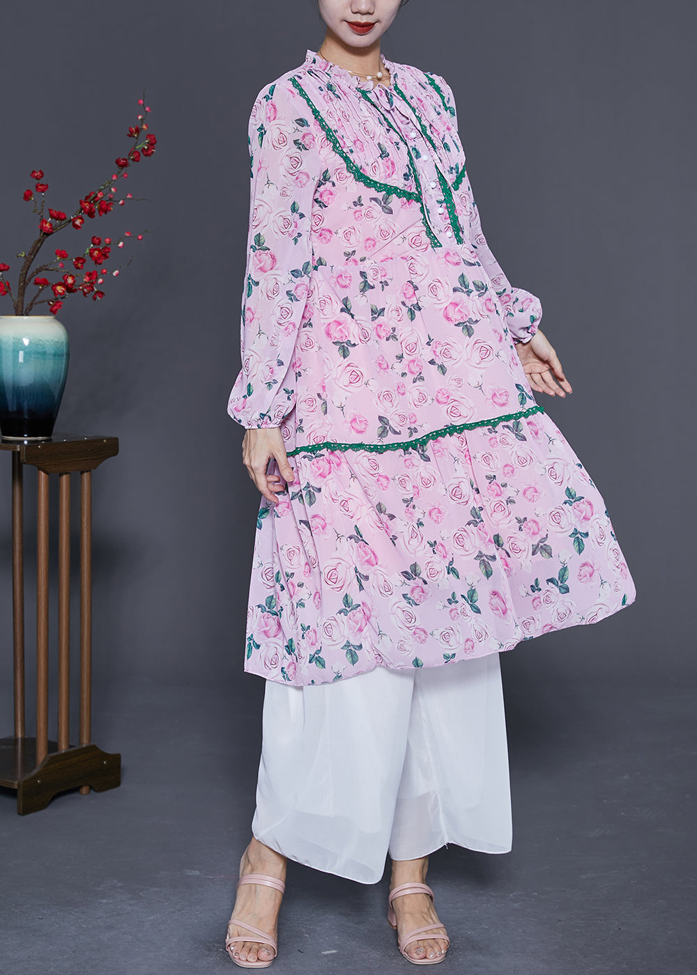 Pink Wrinkled Patchwork Print Chiffon Beach Dress Summer