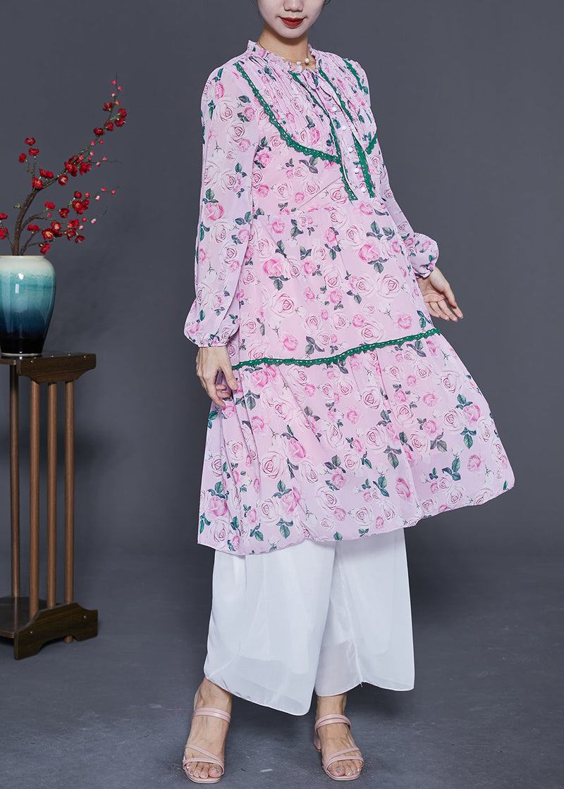 Pink Wrinkled Patchwork Print Chiffon Beach Dress Summer