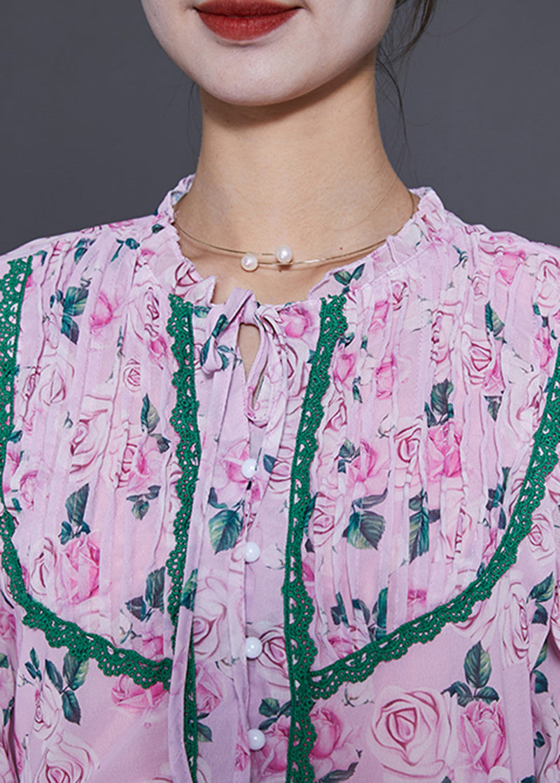 Pink Wrinkled Patchwork Print Chiffon Beach Dress Summer