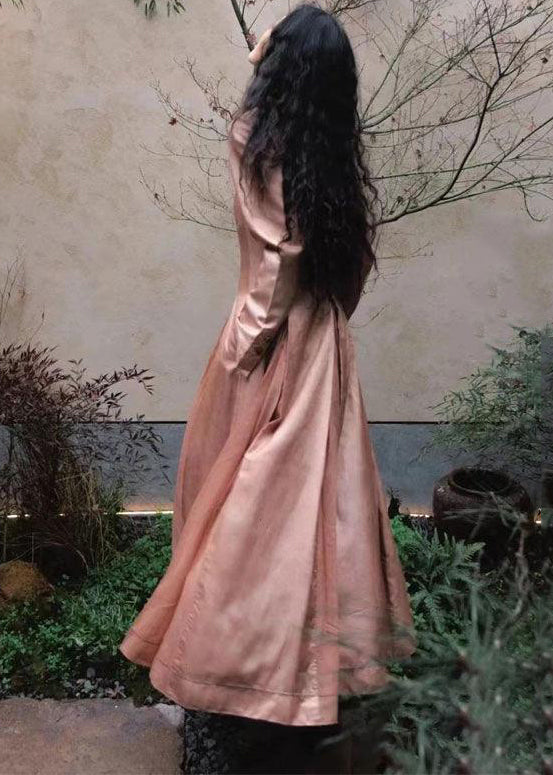 Pink Wrinkled Pockets Cotton Shirts Long Dresses Fall