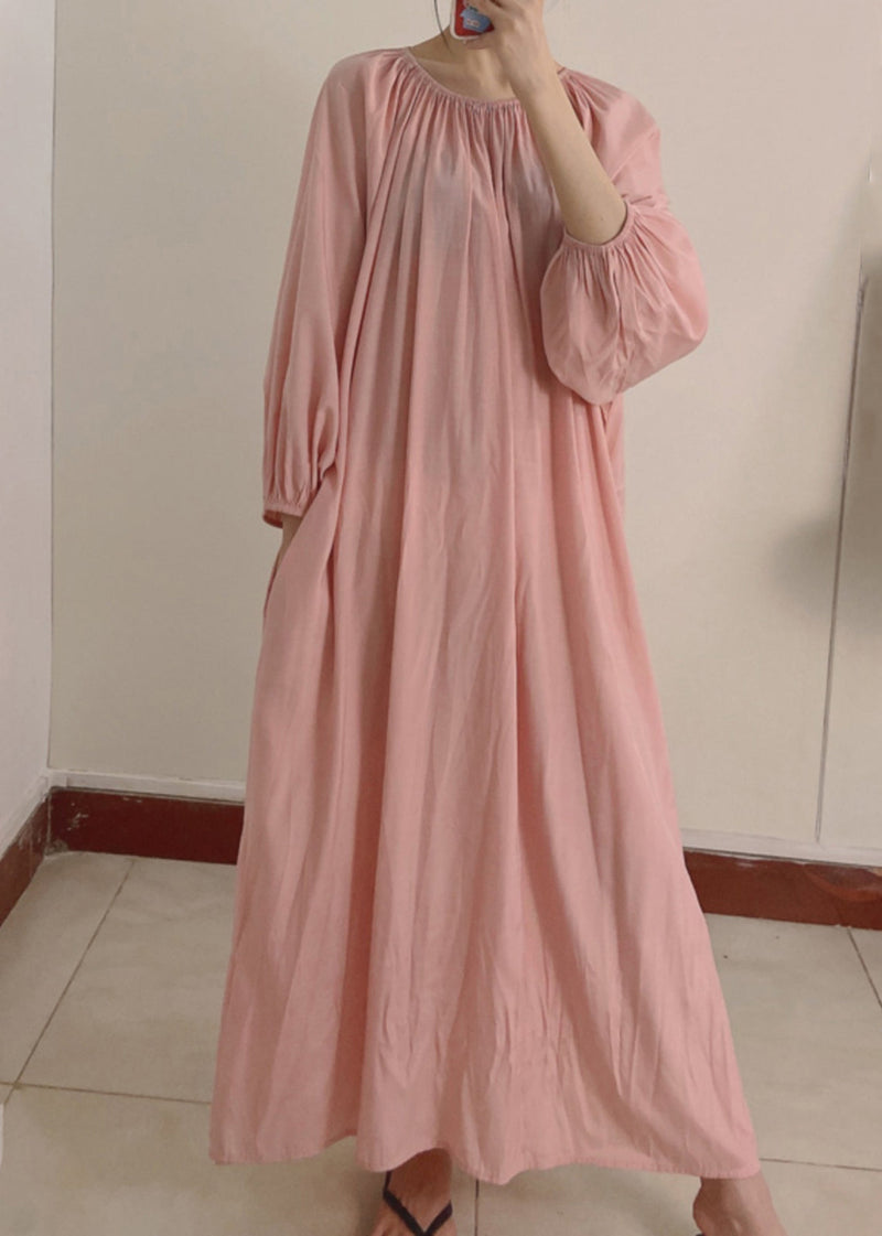 Pink Wrinkled Pockets Maxi Dress Long Sleeve