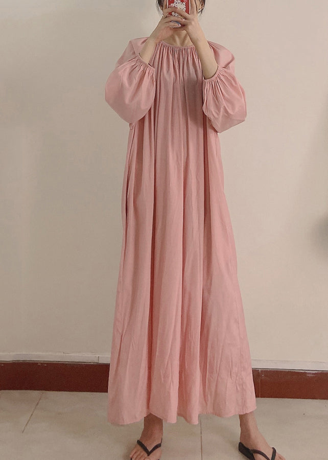 Pink Wrinkled Pockets Maxi Dress Long Sleeve