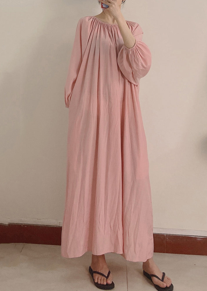 Pink Wrinkled Pockets Maxi Dress Long Sleeve