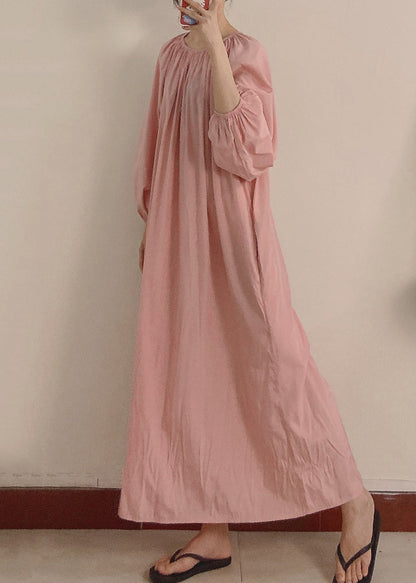 Pink Wrinkled Pockets Maxi Dress Long Sleeve