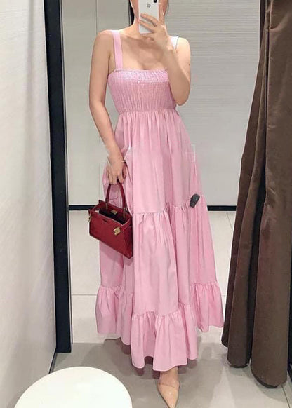 Pink Wrinkled Cotton Spaghetti Strap Dress Sleeveless