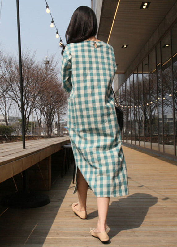 Plaid O-neck Pockets Side Open Dress Long Sleeve