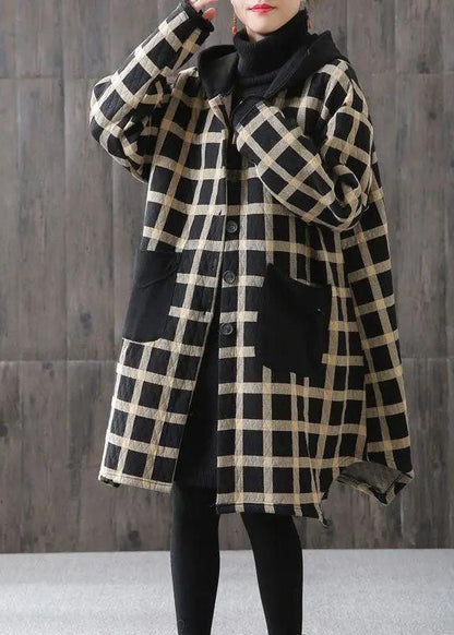 Plaid Pockets Button Fall Thick Hoodies Outwear Long Sleeve