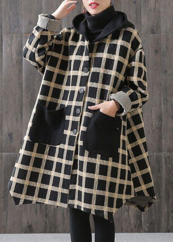 Plaid Pockets Button Fall Thick Hoodies Outwear Long Sleeve