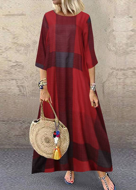 Plaid Short Sleeve Crew Neck Side Pocket Baggy Long Maxi Dress Wine Red