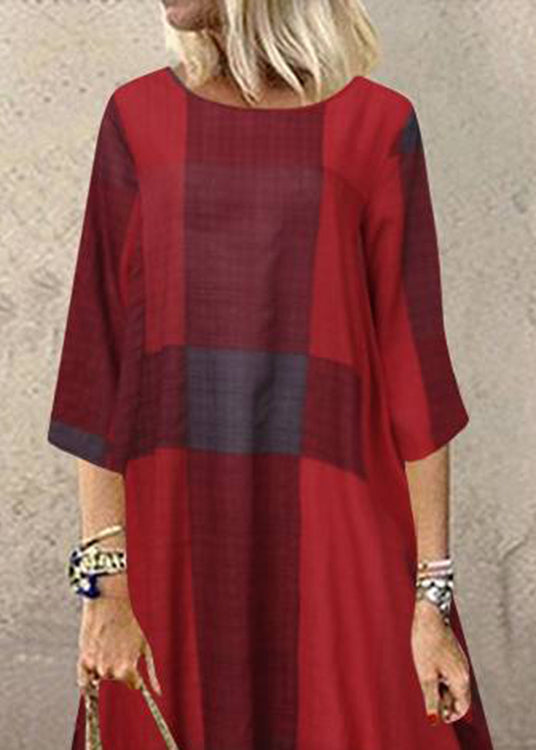Plaid Short Sleeve Crew Neck Side Pocket Baggy Long Maxi Dress Wine Red