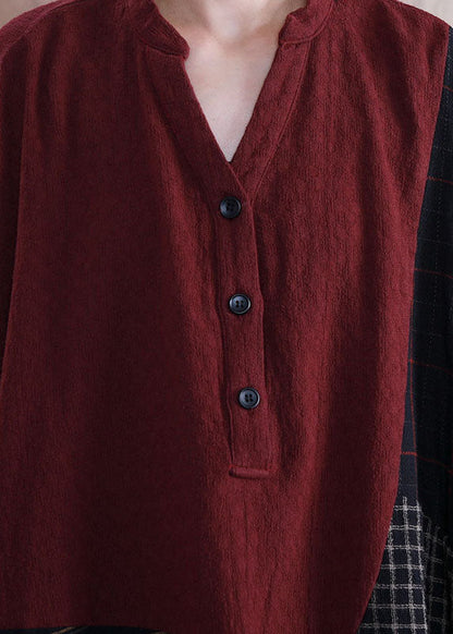 Plaid Stripe Patchwork V-neck Half Button Front Maxi Dresses