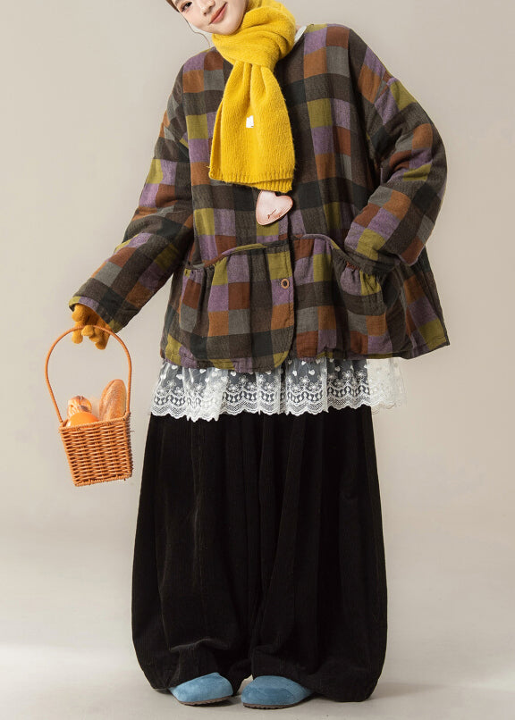 Plaid Warm Parka ,top and Wide Leg Pants Three Pieces Set Winter