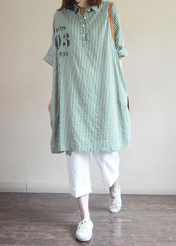 Green Striped Style Cotton Clothes Letter Printed Long Sleeve Shirt
