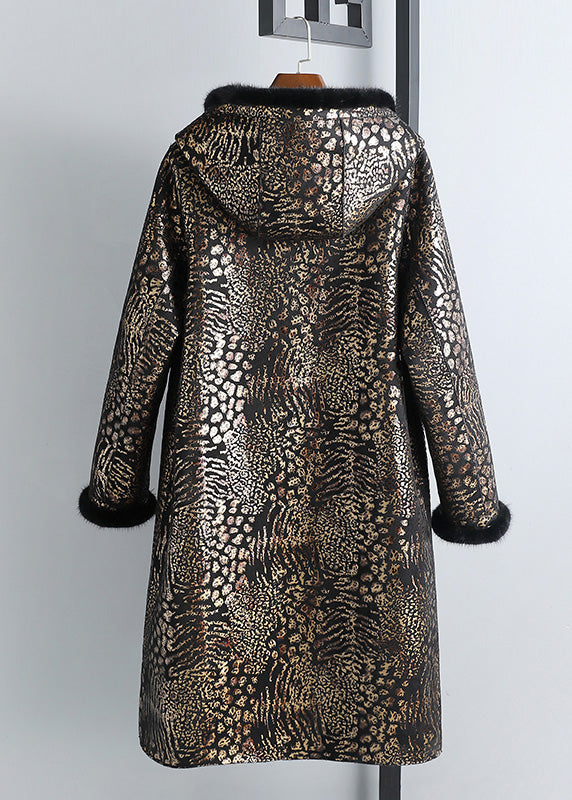 Print Button Mink Velvet Leather and Fur Hooded Coats Winter