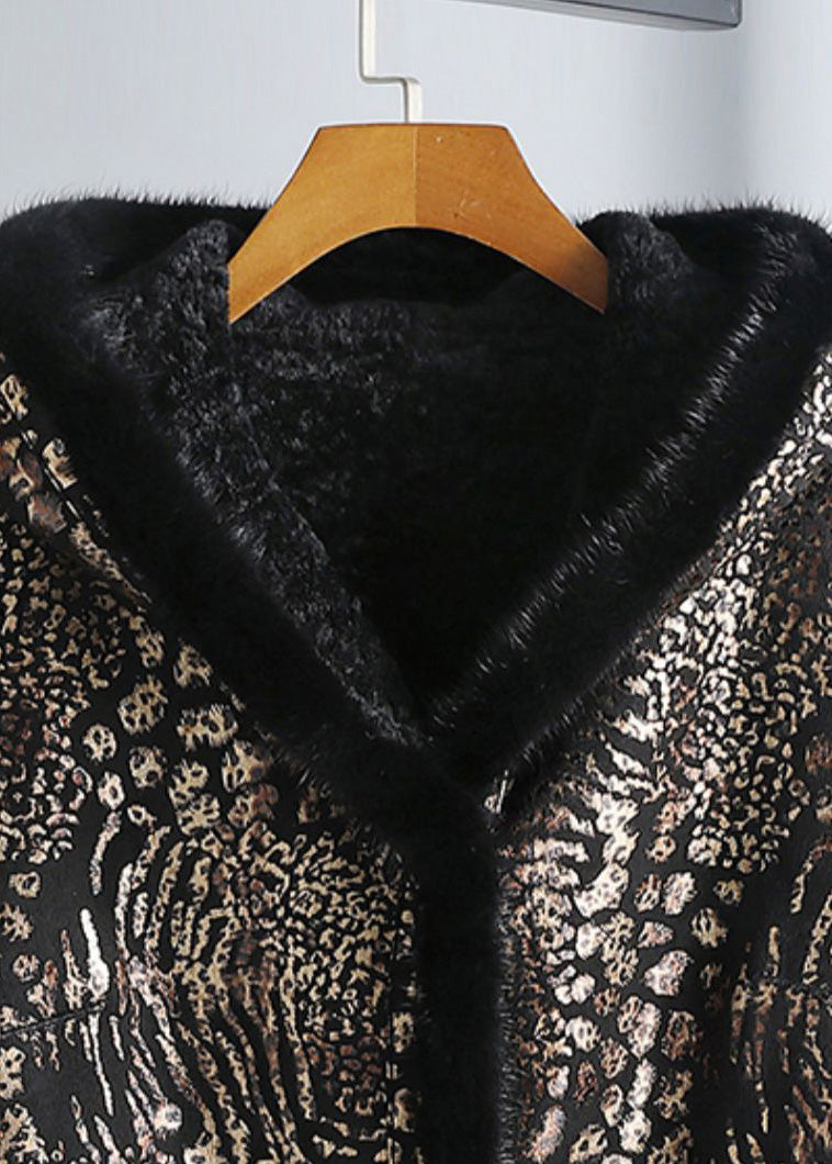 Print Button Mink Velvet Leather and Fur Hooded Coats Winter