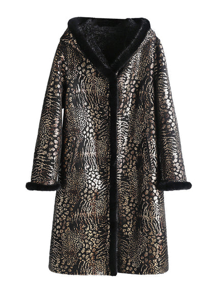 Print Button Mink Velvet Leather and Fur Hooded Coats Winter