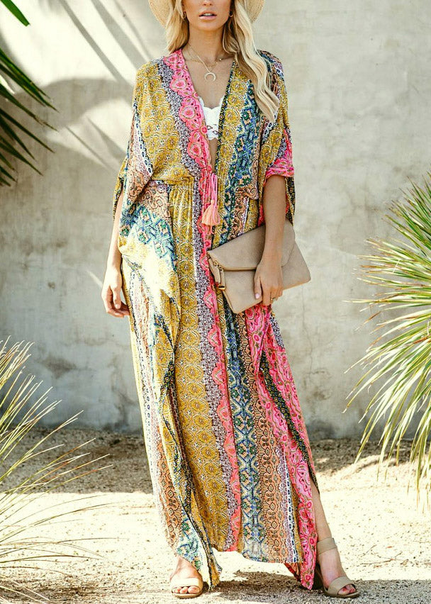 Print Drawstring Tie Waist Loose Chiffon Long Cardigans Half Sleeve