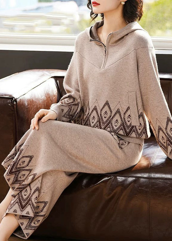 Print Patchwork Cotton Knit Hooded Coats and Wide Leg Pants Two Pieces Set Spring