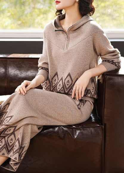 Print Patchwork Cotton Knit Hooded Coats and Wide Leg Pants Two Pieces Set Spring