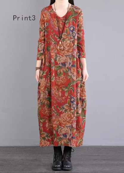 Print V Neck Patchwork Cotton Long Dress Fall