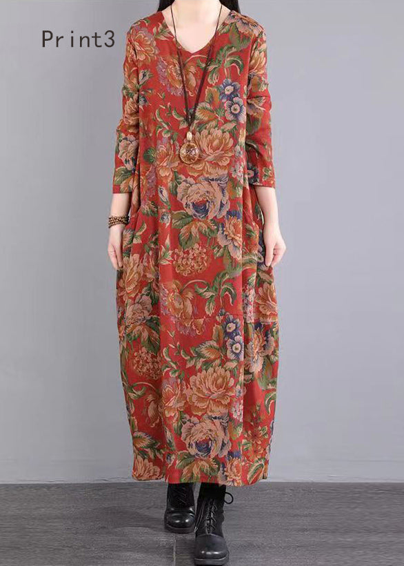Print V Neck Patchwork Cotton Long Dress Fall